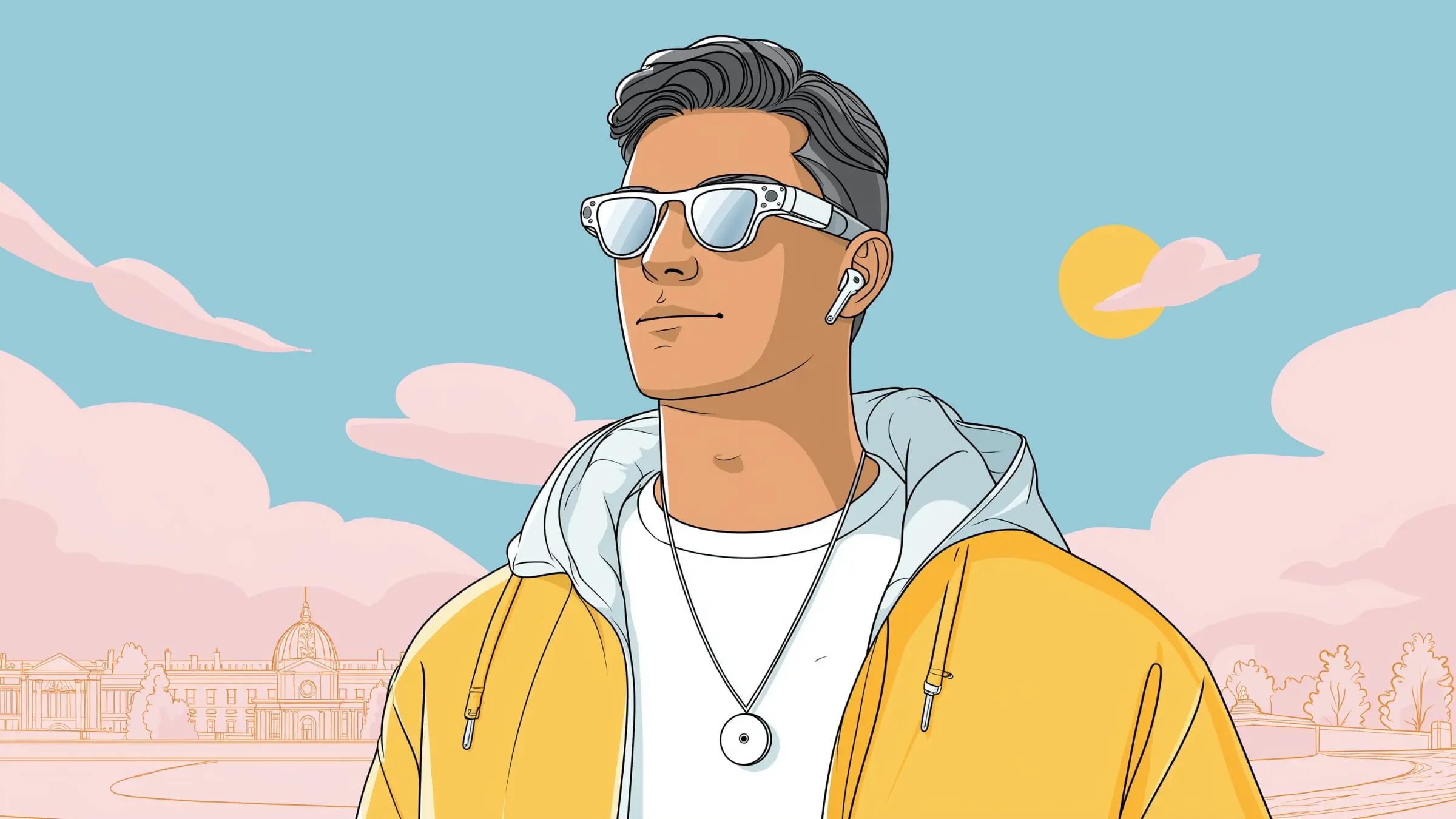 Illustration of a man wearing Apple smart glasses, AirPods with cameras and an AI pendant, all rumored to be coming soon.