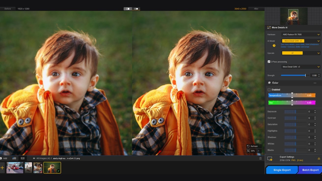 Aiarty's photo enhancement software provides high-quality resampling and natural clarity