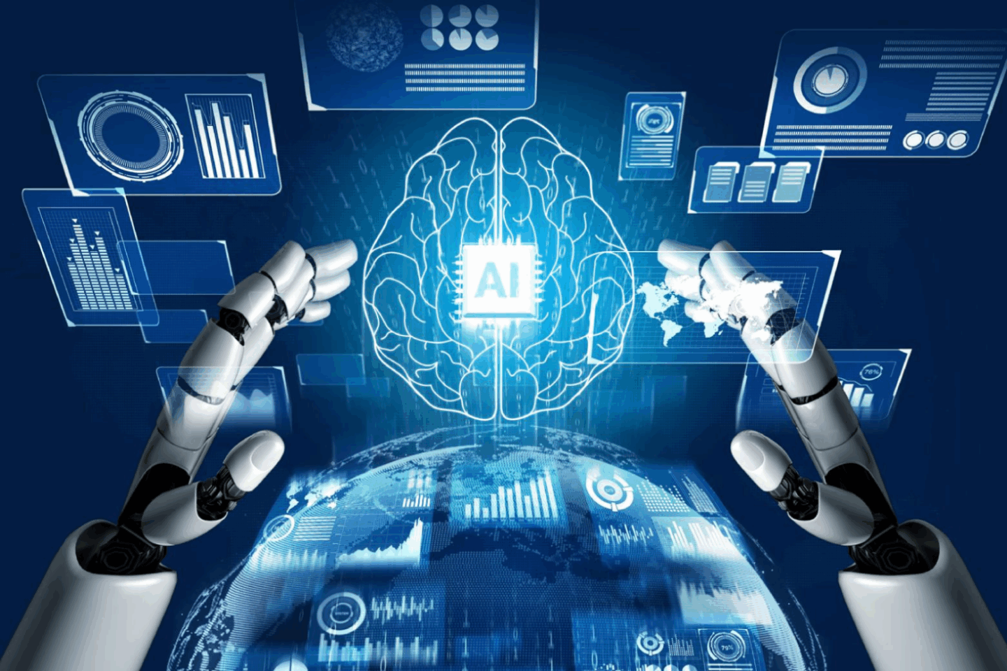 A futuristic image of a glowing AI‑chip brain surrounded by robotic hands, with a digital globe and data graphics in the background, used to illustrate a deal on generative AI courses