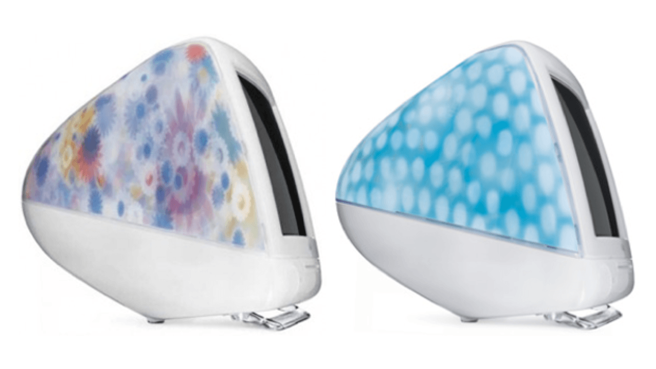 A photo of the Flower Power iMac G3 and Blue Dalmatian iMac G3, two of the wackier Macs in history.