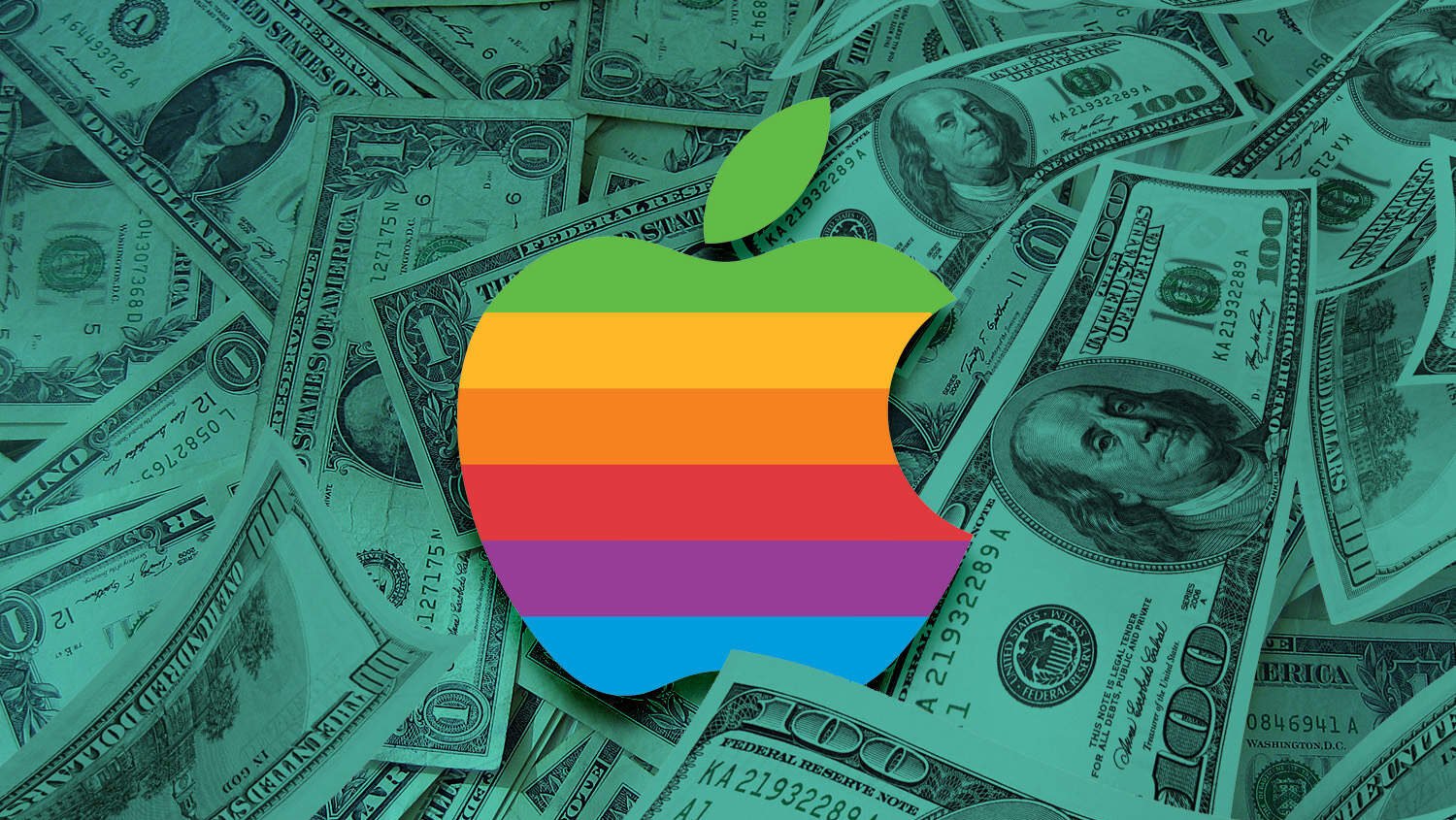 Image of the old Apple Inc. rainbow logo atop American cash money.