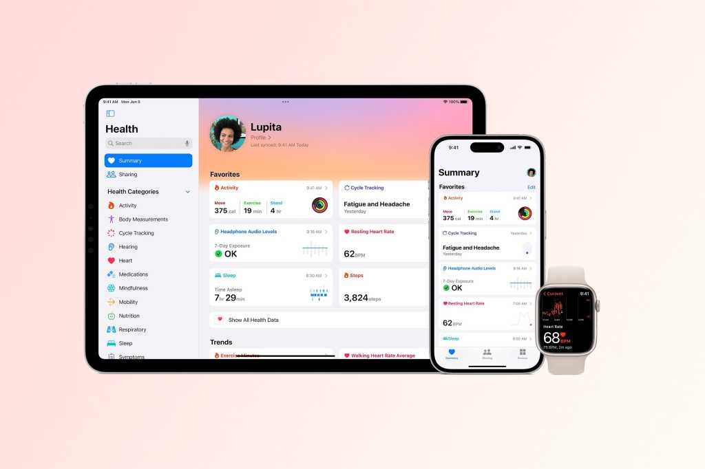 iPad, iPhone, and Apple Watch showing Apple heath apps